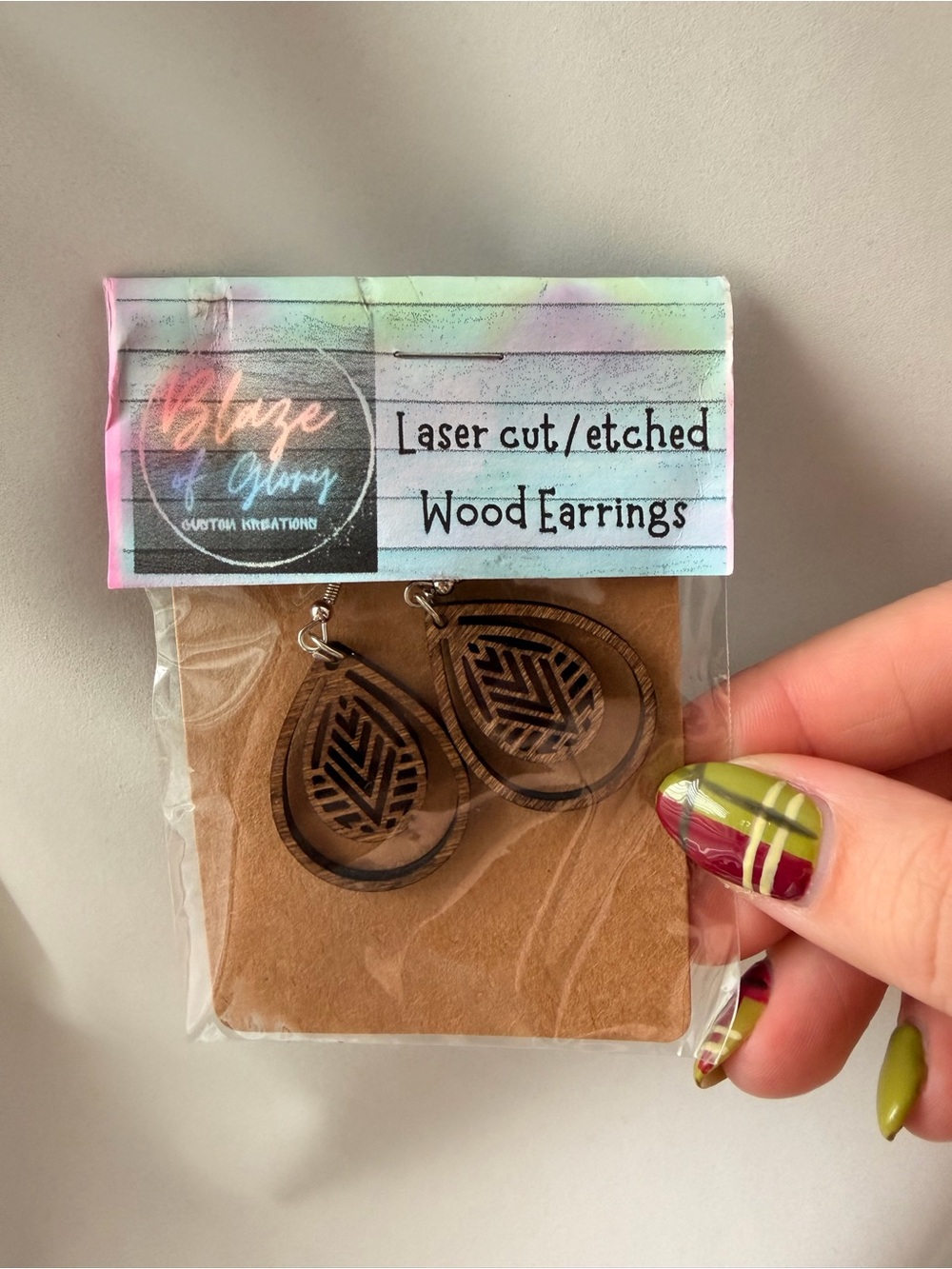 Laser Cut Wood Teardrop Earrings - Brown